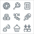 Desserts candies line icons. linear set. quality vector line set such as desserts, cupcake, candy corn, ice cream, candy, macaron