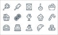 desserts candies line icons. linear set. quality vector line set such as macaron, pudding, roll cake, croissant, birthday cake,