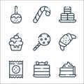 desserts candies line icons. linear set. quality vector line set such as pie, piece of cake, biscuit, croissant, chocolate,