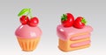 Desserts 3d - piece of layered cake and cupcake Royalty Free Stock Photo