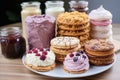 Desserts with fruit pies and berries such as mousses, pastries, cakes, jellies, ice cream,close-up