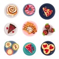 Desserts with Gaufre or Waffle and Pie Served on Plate Vector Set