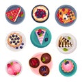 Desserts with Gaufre or Waffle and Tartlets Served on Plate Vector Set