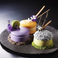 Desserts with lavender and lemon flavors, black sesame and matcha. Generative AI