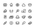 Desserts line icons. Sweet food cakes waffles biscuits donuts and bakery, croissant chocolate pie and cookies. Vector