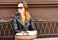 Desserts and lunch time concept. Woman with happy face Royalty Free Stock Photo