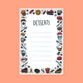 Desserts menu template. Colorful doodle style coffee cups, pastry and cakes on light background with copy space