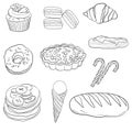 Desserts and pastries in doodle technique vector illustration