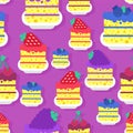 Desserts set pattern seamless. cake piece in plate background. Blueberries and cherries. Strawberries and blackberry Sweets vector