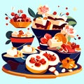 Desserts set with strawberries, cherries, cherries, cheese, candies, cookies. Vector illustration AI Generated Royalty Free Stock Photo