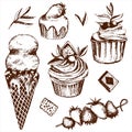 Desserts set. Vector illustration. Cakes, biscuits, baking, cookies, pastries, eclair, muffin, cheese cake, waffles