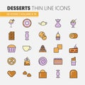 Desserts and Sweets Food Linear Thin Icons Set with Cake and Cupcake