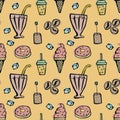 Desserts, sweets, tea, coffee seamless pattern on a yellow background. Hand-drawn color illustration. Vector 10 EPS. Royalty Free Stock Photo