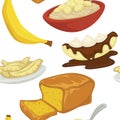 Desserts types, banana with peel and bread bakery seamless pattern vector.