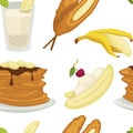 Desserts types, banana with peel and bread bakery seamless pattern vector.
