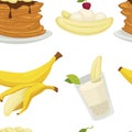 Desserts types, banana with peel and bread bakery seamless pattern vector.