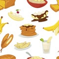 Desserts types, banana with peel and bread bakery seamless pattern vector.