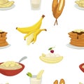 Desserts types, banana with peel and bread bakery seamless pattern vector.