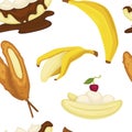 Desserts types, banana with peel and bread bakery seamless pattern vector.