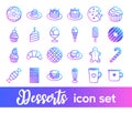 Desserts vector icon set in bright color gradient. Cute sweets and pastry icons collection. Minimalist line art Royalty Free Stock Photo