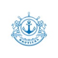 Retro Vintage Lion Anchor Boat Ship Wheel Marine Navy Nautical Badge Emblem Logo Design Vector