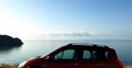 Destination scene. Family car on the sea beach at sunset stock photos