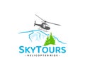 Destination tour over snowy mountain and travel by helicopter logo design. Helicopter rental service vector design