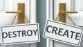 Destroy or create as a choice in life - pictured as words Destroy, create on doors to show that Destroy and create are different Royalty Free Stock Photo