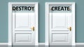 Destroy and create as a choice - pictured as words Destroy, create on doors to show that Destroy and create are opposite options Royalty Free Stock Photo