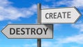 Destroy and create as a choice - pictured as words Destroy, create on road signs to show that when a person makes decision he can Royalty Free Stock Photo