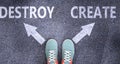 Destroy and create as different choices in life - pictured as words Destroy, create on a road to symbolize making decision and Royalty Free Stock Photo