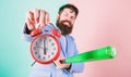 Destroy or turn off. Man suit hold clock and baseball bat in hands. Business discipline concept. Time management and Royalty Free Stock Photo