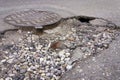 Destroyed asphalt road, hole next to sanitary sewer manhole