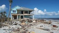 A destroyed beachfront house its foundation washed away by a powerful storm surge