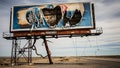 A destroyed billboard stands alone in a desolate landscape with cloudy skies Royalty Free Stock Photo