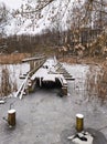 Destroyed boardwalk on a frozen pond