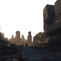 Destroyed bombarded city. War zone. Post war. Post apocalypse megalopolis. Futuristic barren cityscape skyline. Transparent PNG. Royalty Free Stock Photo