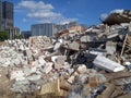 Destroyed building, earthquake, pile of rubble and debris, landfill