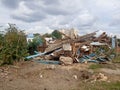 Destroyed building, earthquake, pile of rubble and debris,