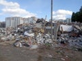 Destroyed building, earthquake, pile of rubble and debris, landfill