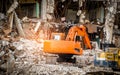 Destroyed building industrial. Building demolition by explosion. Abandoned concrete building with rubble. Earthquake ruin.