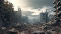 View of destruction city with fires and explosion over dramatic sky background. Generative Ai Royalty Free Stock Photo