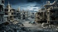 View of destruction city with fires and explosion over dramatic sky background. Generative Ai Royalty Free Stock Photo