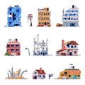 Destroyed Buildings and Broken Ruined Houses Vector Set