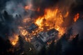 Destroyed buildings in city during wildfire. Abandoned village houses ruined by wild fire. Natural disaster