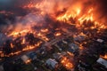 Destroyed buildings in city during wildfire. Abandoned village houses ruined by wild fire. Natural disaster