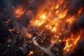 Destroyed buildings in city during wildfire. Abandoned village houses ruined by wild fire. Natural disaster