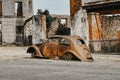 Destroyed cars during World War 2 in the city Oradour sur Glane France Royalty Free Stock Photo