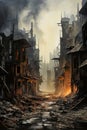 destroyed city after battle at war, demolished cityscape Royalty Free Stock Photo