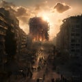 destroyed city, house explosions, burned city street, Smoke rise